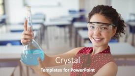  Presentation with chemical experiment - Audience pleasing presentation theme consisting of portrait of smiling schoolgirl doing a chemical experiment in laboratory at school backdrop and a coral colored foreground