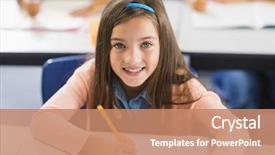  Presentation with elementary school black female career day technology - PPT theme having portrait of smiling schoolgirl studying background and a coral colored foreground