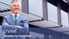  Presentation with modern building - Theme enhanced with portrait-of-smiling-senior-businessman background and a ocean colored foreground