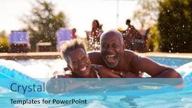  Presentation with smiling kids at summer camp - PPT theme having portrait-of-smiling-senior-couple background and a light blue colored foreground