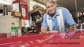  Presentation with car cleaning - Amazing theme having portrait of smiling senior man cleaning hood of car backdrop and a red colored foreground