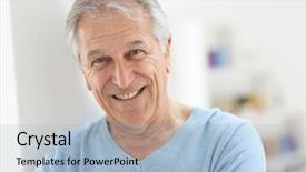  Presentation with old man - PPT theme enhanced with portrait of smiling senior man background and a light blue colored foreground