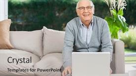  Presentation with nursing - Colorful PPT theme enhanced with portrait of smiling senior man with laptop sitting on couch at nursing home porch backdrop and a light gray colored foreground