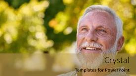  Presentation with five business people standing together and smiling - Presentation theme enhanced with portrait-of-smiling-senior-man background and a gold colored foreground