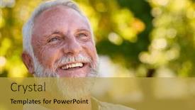  Presentation with five business people standing together and smiling - Presentation design enhanced with portrait-of-smiling-senior-man background and a yellow colored foreground