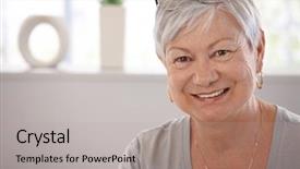  Presentation with happy smiling woman dental health - PPT layouts consisting of portrait of smiling senior woman background and a light gray colored foreground