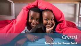  Presentation with siblings - Amazing slide deck having portrait of smiling siblings lying under blanket on bed at home backdrop and a teal colored foreground