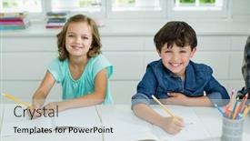  Presentation with siblings - Presentation theme featuring portrait-of-smiling-siblings-studying background and a soft green colored foreground