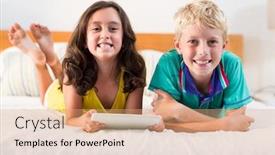  Presentation with siblings - Slide deck having portrait of smiling siblings with digital tablet lying on bed in bedroom background and a coral colored foreground