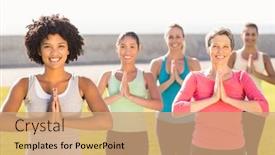  Presentation with prayer - PPT layouts having portrait of smiling sporty women doing prayer position in yoga class in parkland background and a coral colored foreground
