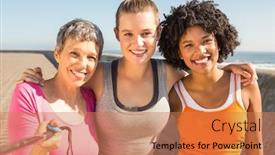  Presentation with sporty - Cool new PPT theme with portrait-of-smiling-sporty-women backdrop and a coral colored foreground