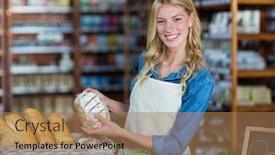  Presentation with staff - PPT layouts with portrait of smiling staff holding bread in organic section of supermarket background and a coral colored foreground