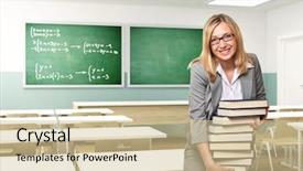  Presentation with tan book stack stacks of books - PPT layouts consisting of portrait of smiling teacher holding background and a soft green colored foreground