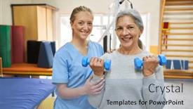 Presentation with rehabilitation - Theme having portrait-of-smiling-therapist-assisting background and a teal colored foreground