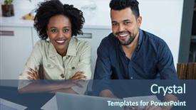  Presentation with laptop - Beautiful PPT theme featuring portrait of smiling two business backdrop and a  colored foreground