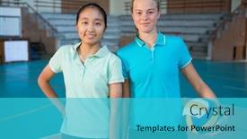  Presentation with volleyball - Theme featuring portrait of smiling volleyball players standing together with ball in the court background and a cyan colored foreground