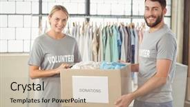  Presentation with donation - Presentation consisting of portrait of smiling volunteer holding clothes donation box in office background and a mint green colored foreground