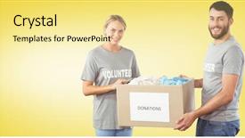  Presentation with donation - Amazing theme having portrait of smiling volunteer holding clothes donation box against yellow vignette backdrop and a blonde colored foreground