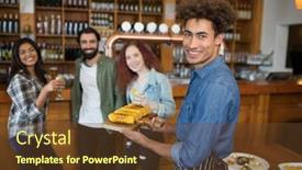  Presentation with customers - Amazing presentation theme having portrait-of-smiling-waiter-serving backdrop and a tawny brown colored foreground