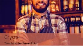  Presentation with pub - Slide deck enhanced with portrait of smiling waiter standing with arms crossed in pub background and a coral colored foreground