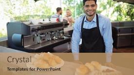  Presentation with restaurant waiter - Cool new slide deck with portrait of smiling waiter standing near counter at restaurant backdrop and a coral colored foreground