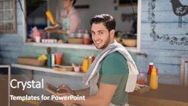  Presentation with waiter - Theme featuring portrait of smiling waiter writing background and a coral colored foreground