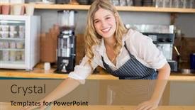  Presentation with waitress - Presentation design consisting of portrait of smiling waitress cleaning cafe counter background and a coral colored foreground
