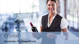  Presentation with bottle red wine - Audience pleasing theme consisting of portrait of smiling waitress holding a bottle of red wine in restaurant backdrop and a light blue colored foreground
