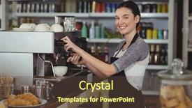  Presentation with waitress - Beautiful slides featuring portrait of smiling waitress making cup of coffee in cafe backdrop and a tawny brown colored foreground