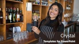  Presentation with cocktail bar - Amazing presentation design having portrait-of-smiling-waitress-shaking backdrop and a tawny brown colored foreground