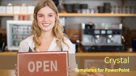  Presentation with signboard - Cool new PPT layouts with portrait of smiling waitress showing signboard with open sign at cafe backdrop and a red colored foreground