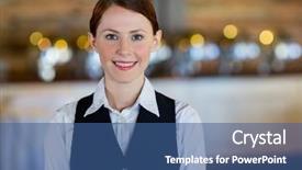  Presentation with waitress - PPT layouts having portrait of smiling waitress background and a ocean colored foreground