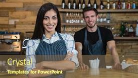  Presentation with waitress - PPT theme having portrait of smiling waitress and waiter standing at counter in caf background and a violet colored foreground