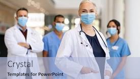  Presentation with hospital mask - Beautiful slide deck featuring portrait-of-smiling-woman-doctor backdrop and a light blue colored foreground