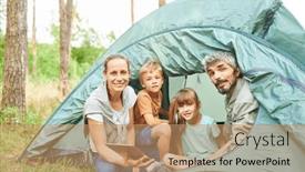  Presentation with tent - PPT theme featuring portrait-of-smiling-woman-holding background and a coral colored foreground