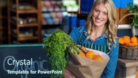  Presentation with grocery bag - PPT theme having portrait of smiling woman holding a grocery bag in organic section of supermarket background and a ocean colored foreground