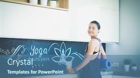  Presentation with wellness - Audience pleasing slide deck consisting of portrait of smiling woman holding in her hand a yoga mat while standing at studio yoga woman wellness backdrop and a ocean colored foreground