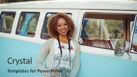  Presentation with campervan - Beautiful presentation featuring portrait of smiling woman leaning on campervan with camera in park on a sunny day backdrop and a light blue colored foreground
