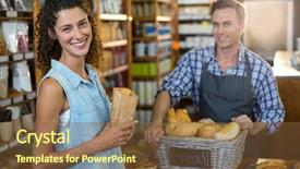  Presentation with purchasing - Beautiful theme featuring portrait of smiling woman purchasing bread at bakery store in supermarket backdrop and a tawny brown colored foreground