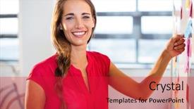  Presentation with sticky notes - Colorful slide set enhanced with portrait of smiling woman putting sticky notes on whiteboard in office backdrop and a red colored foreground