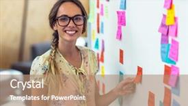  Presentation with sticky notes - Colorful presentation enhanced with portrait of smiling woman putting sticky notes on whiteboard in office backdrop and a coral colored foreground