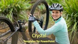  Presentation with tyre - PPT layouts enhanced with portrait of smiling woman repairing bicycle tyre in countryside background and a tawny brown colored foreground