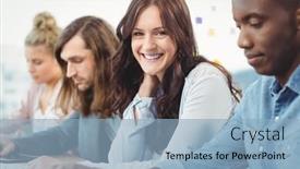  Presentation with woman office desk - PPT theme enhanced with portrait of smiling woman sitting at desk with coworkers in office background and a light blue colored foreground