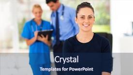  Presentation with doctor office - Cool new PPT theme with portrait of smiling woman waiting backdrop and a navy blue colored foreground