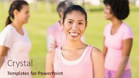  Presentation with breast cancer - Audience pleasing slide deck consisting of portrait of smiling woman wearing pink for breast cancer in front of friends backdrop and a lemonade colored foreground
