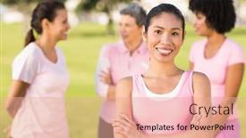  Presentation with breast cancer - Cool new PPT layouts with portrait of smiling woman wearing pink for breast cancer in front of friends backdrop and a coral colored foreground
