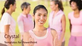  Presentation with breast cancer - Colorful slide set enhanced with portrait of smiling woman wearing pink for breast cancer in front of friends backdrop and a lemonade colored foreground