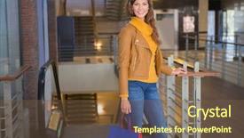  Presentation with shopping - Beautiful theme featuring portrait of smiling woman with shopping bags looking at camera at the shopping mall backdrop and a tawny brown colored foreground