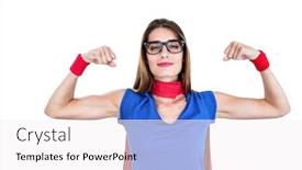  Presentation with flexing - Slide deck consisting of portrait of smiling woman in superhero costume while flexing muscles on white background background and a white colored foreground