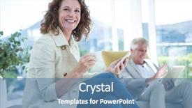  Presentation with man holding phone - Presentation consisting of portrait of smiling woman by man holding mobile phone on sofa at home background and a teal colored foreground